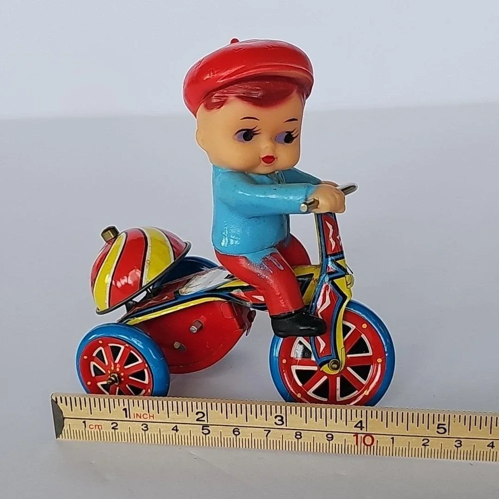 Vintage Tin Wind Up Toy Boy Riding Tricycle Late 50s Collectible‎ - Works - 1750